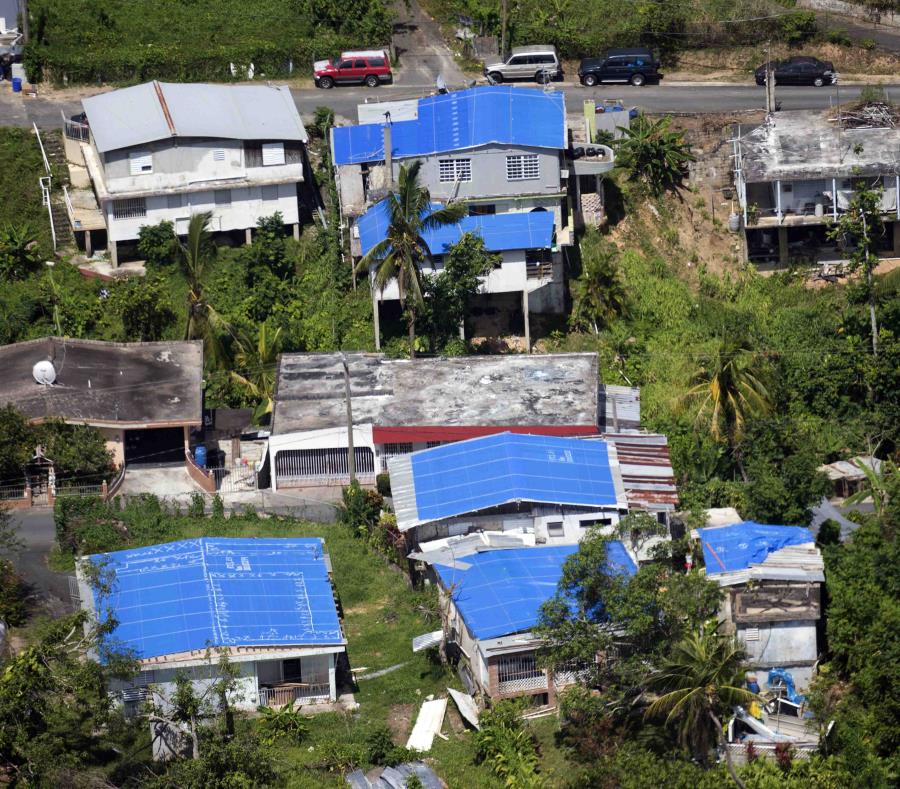 Tarp covered rooftops after Hurricane María in Puerto Rico